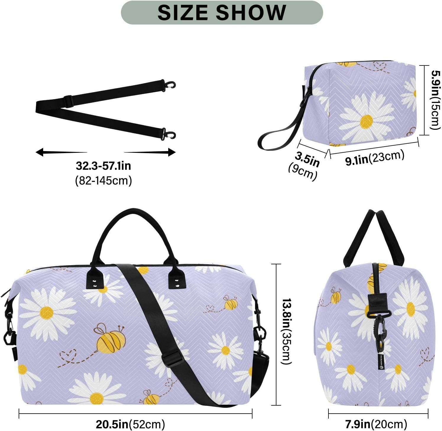 Large Travel Duffel Luggage Carry on Shoulder Weekend Tote Daisy Flower Field Bee Happy Good Luck Sports Duffel Bags, Seamless Daisy Flower Field Bee Happy Good Luck, Set of 2, Art Deco image number 1