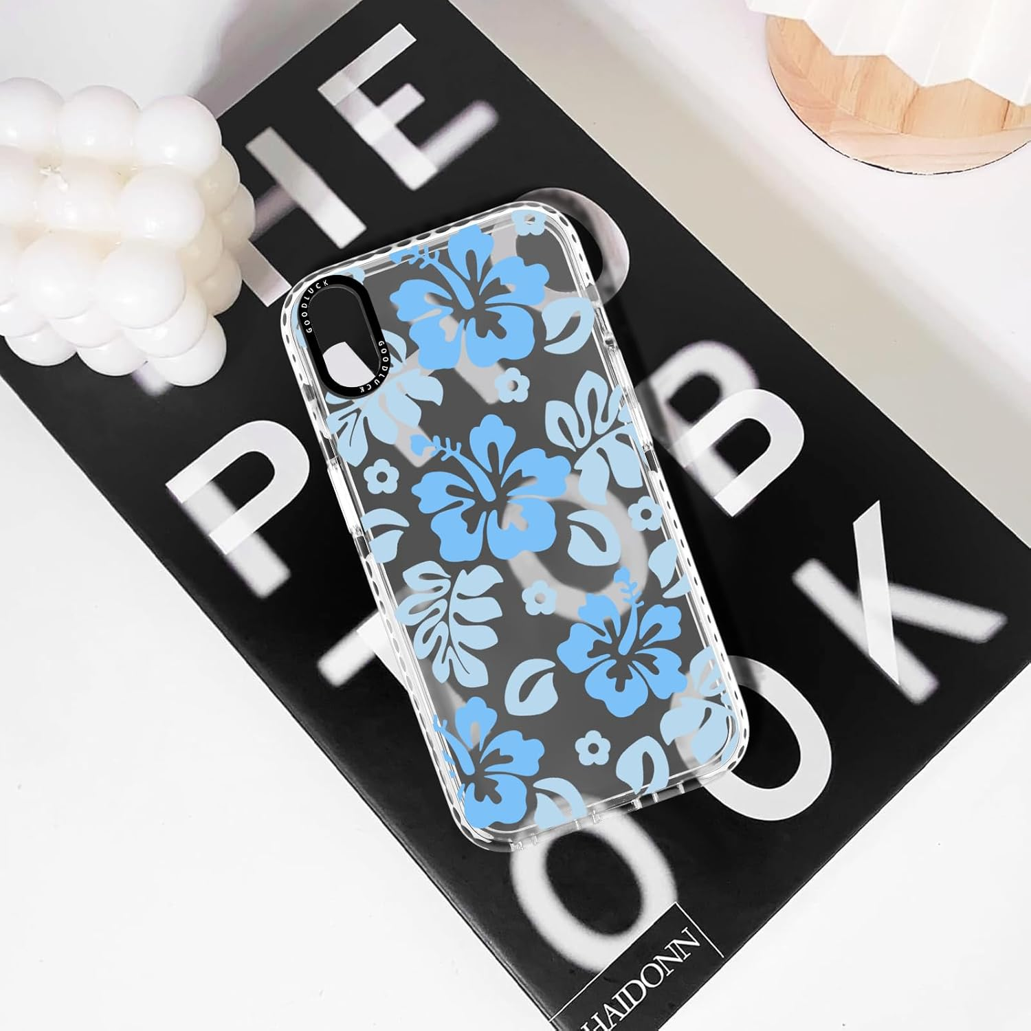 RUMDEY Clear Hibiscus Flower Case for Iphone XR 6.1", Cute Preppy Floral Crystal Pattern Aesthetic Design Soft Slim Anti-Yellow Protective Shockproof TPU Phone Cover for Women Girls - Blue image number 7