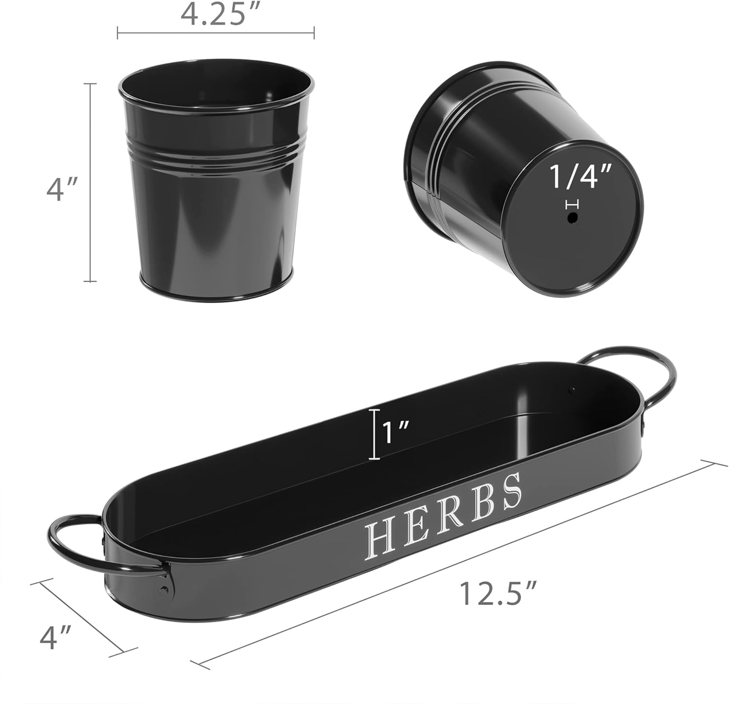 Barnyard Designs Indoor Outdoor Herb Garden Planter Set with Tray, Metal Windowsill Herb Pots, Black, Set/3 - Black image number 5