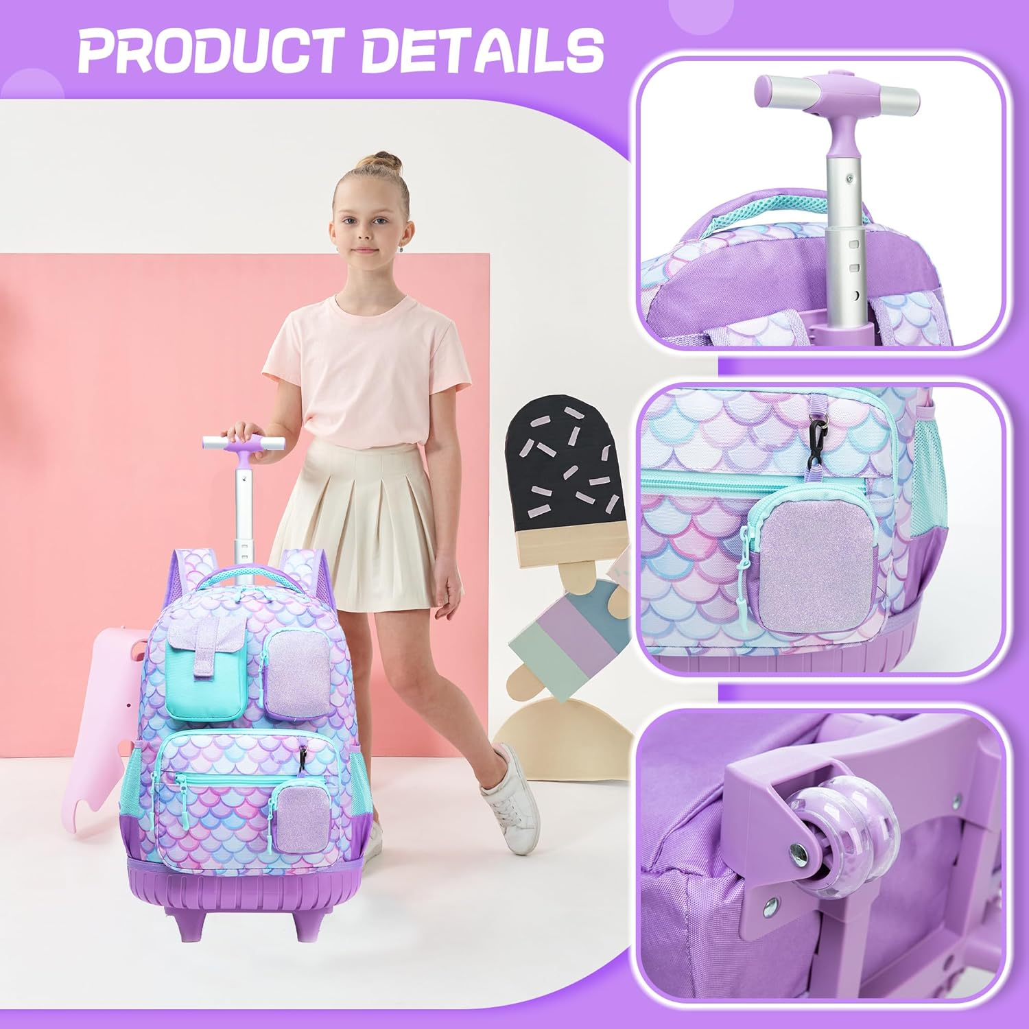Meetbelify Rolling Backpack for Girls Boys Backpacks with Wheels Kids Carry on Luggage for Girls Boys image number 2
