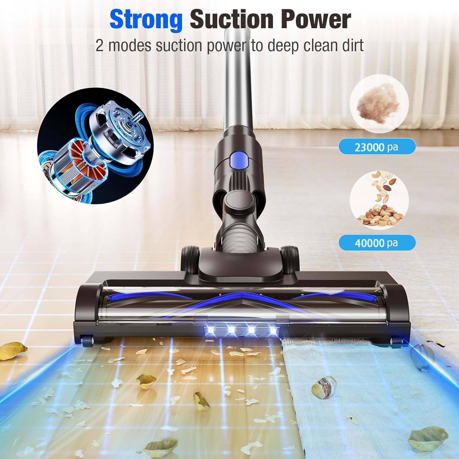 Cordless Vacuum Cleaner, Power Suction Stick Vacuum Cleaners 8-In-1 Lightweight Self-Standing, 500W/40KPA 35 Mins Runtime for Home Hard Floor Low-Pile Carpet Pet Hair (Blue) image number 4