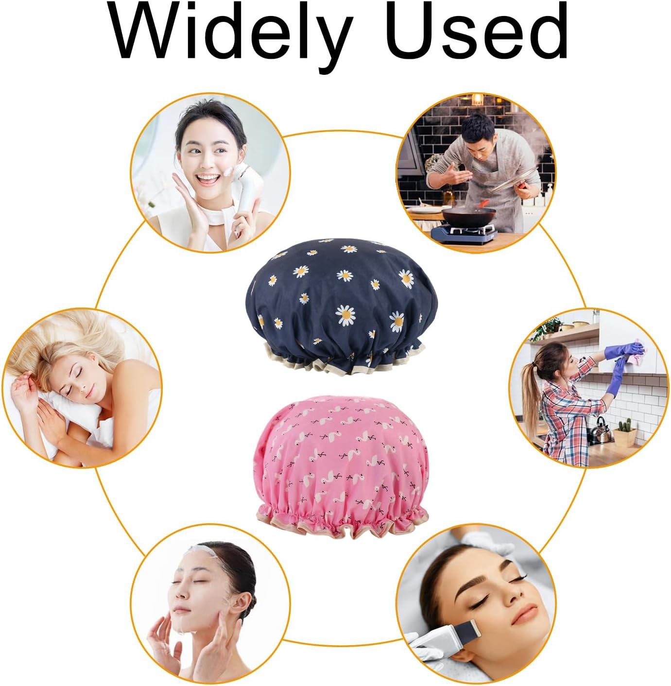 Vaolmlop Pack of 2 Shower Cap, Reusable Shower Caps for Women & Men,Waterproof with Elastic Band & Soft Lining,For Women Girls Ladies Spa Salon Home Use image number 2