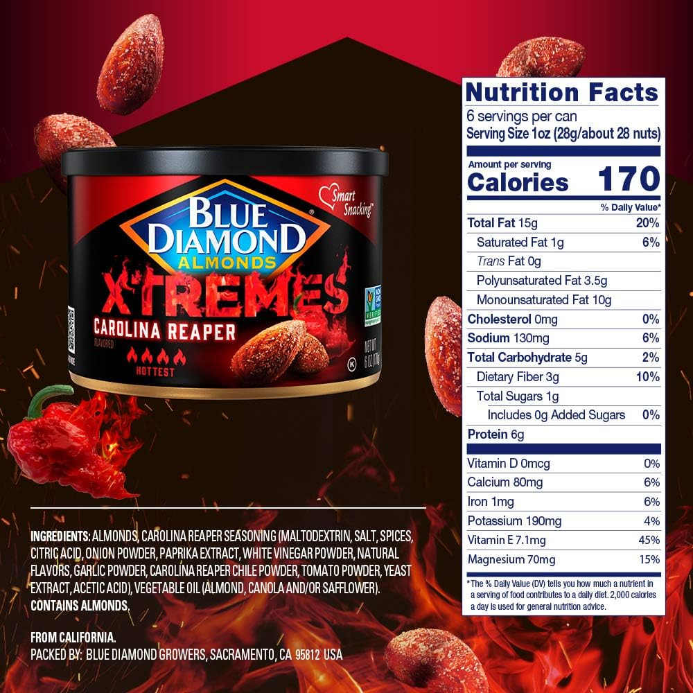 Blue Diamond Almonds XTREMES Carolina Reaper Flavored Snack Nuts, 6 Oz Resealable Cans (Pack of 1) image number 5