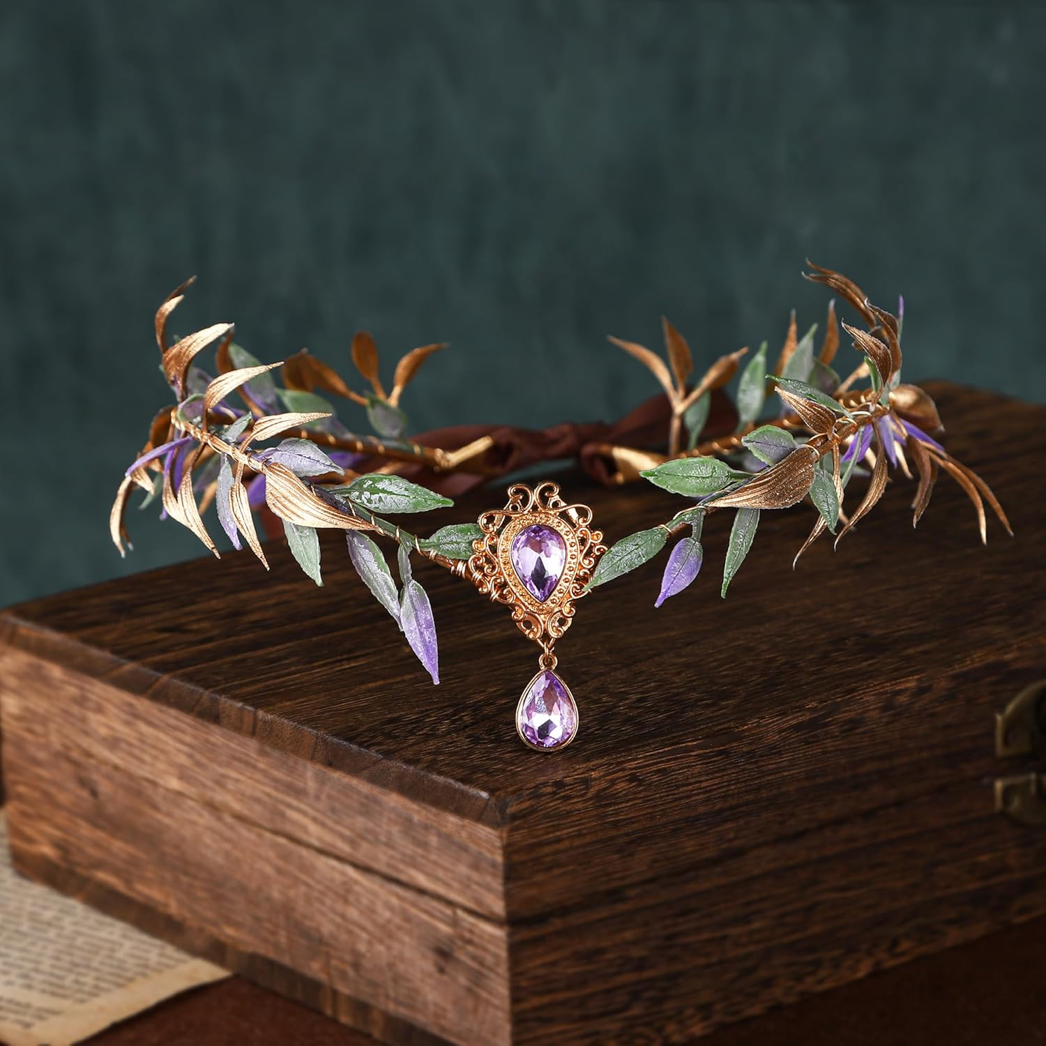MOSTORY Forest Elf Crown for Renaissance Women Cosplay Purple and Gold Leaf Headpiece for Halloween Forest Fairy Costume image number 6