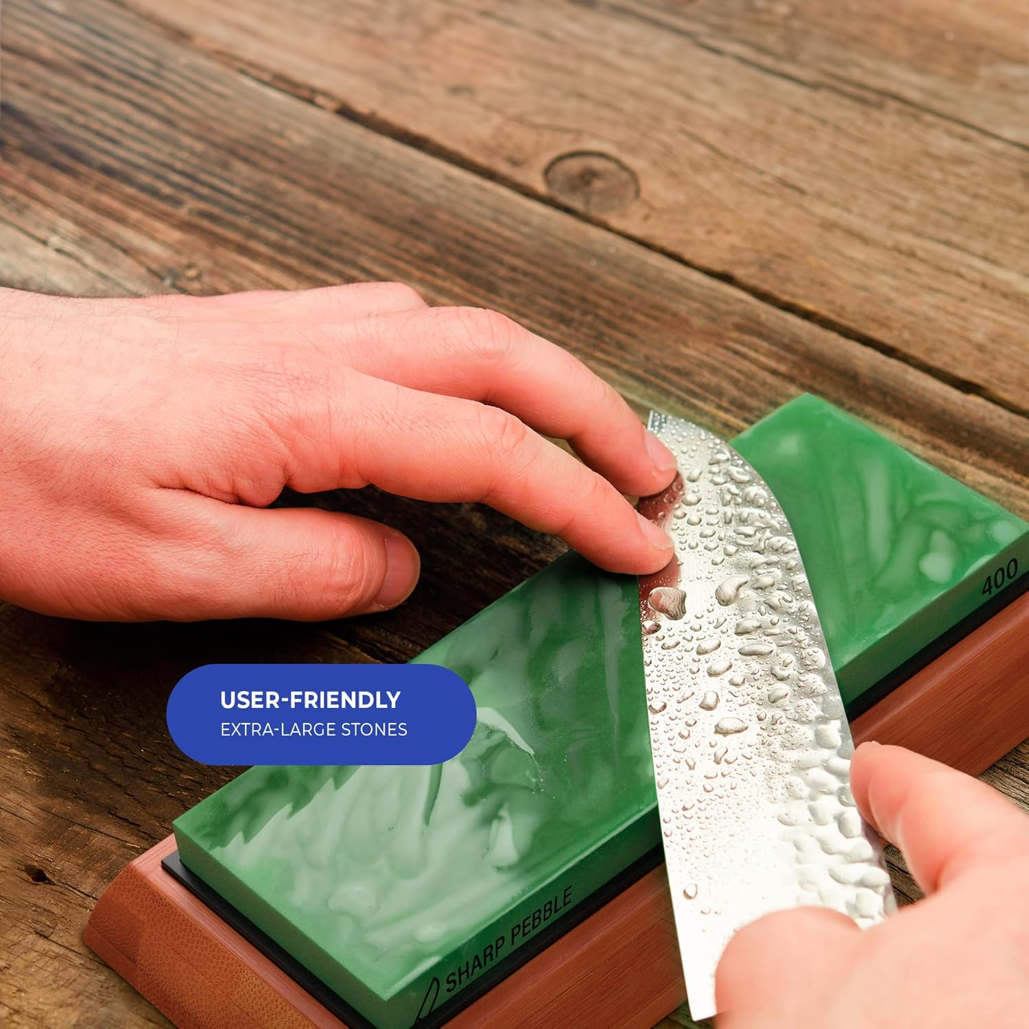 Sharp Pebble Extra Large Sharpening Stone Set - Whetstone Knife Sharpener Set - Grits 400/1000/6000 Waterstone & Flattening Stone - Kitchen Knife Sharpener with Nonslip Bamboo Base image number 3