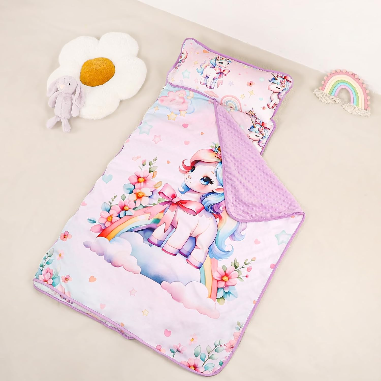 Toddler Nap Mat with Removable Pillow & Soft Minky Blanket, HNHUAMING Extra Large Rolled Napping Mats for Girls Boys, Kids Slumber Bags for Daycare, Preschool Travel Camping image number 3