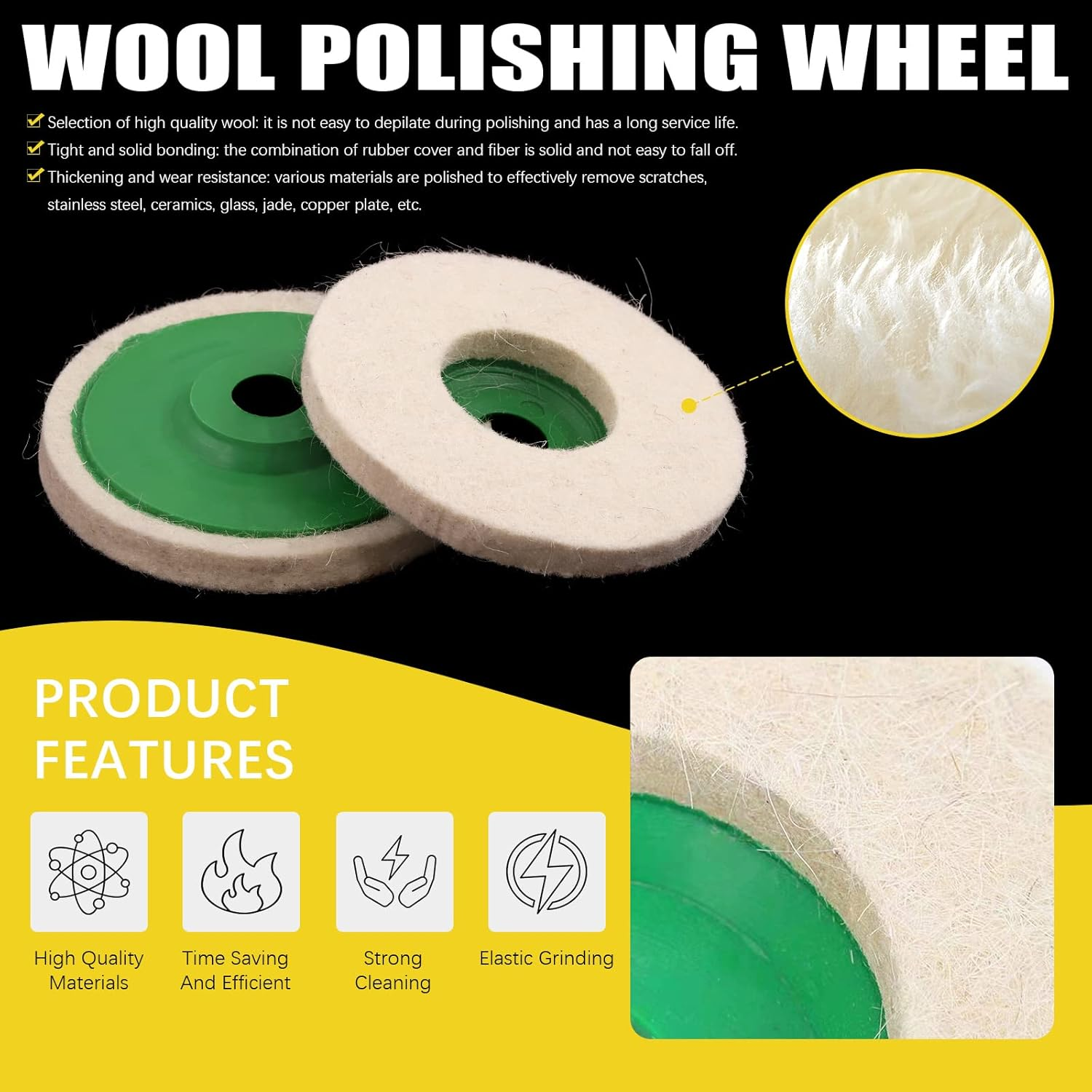 Mardatt 17 Pcs 4'' Polishing Buffering Wheels Assorted Set with Compound Includes 14 Pcs Wool & Nylon Fiber Sanding Flap Discs and 3Pcs Black, Brown & Green Compounds for Angle Grinder image number 5