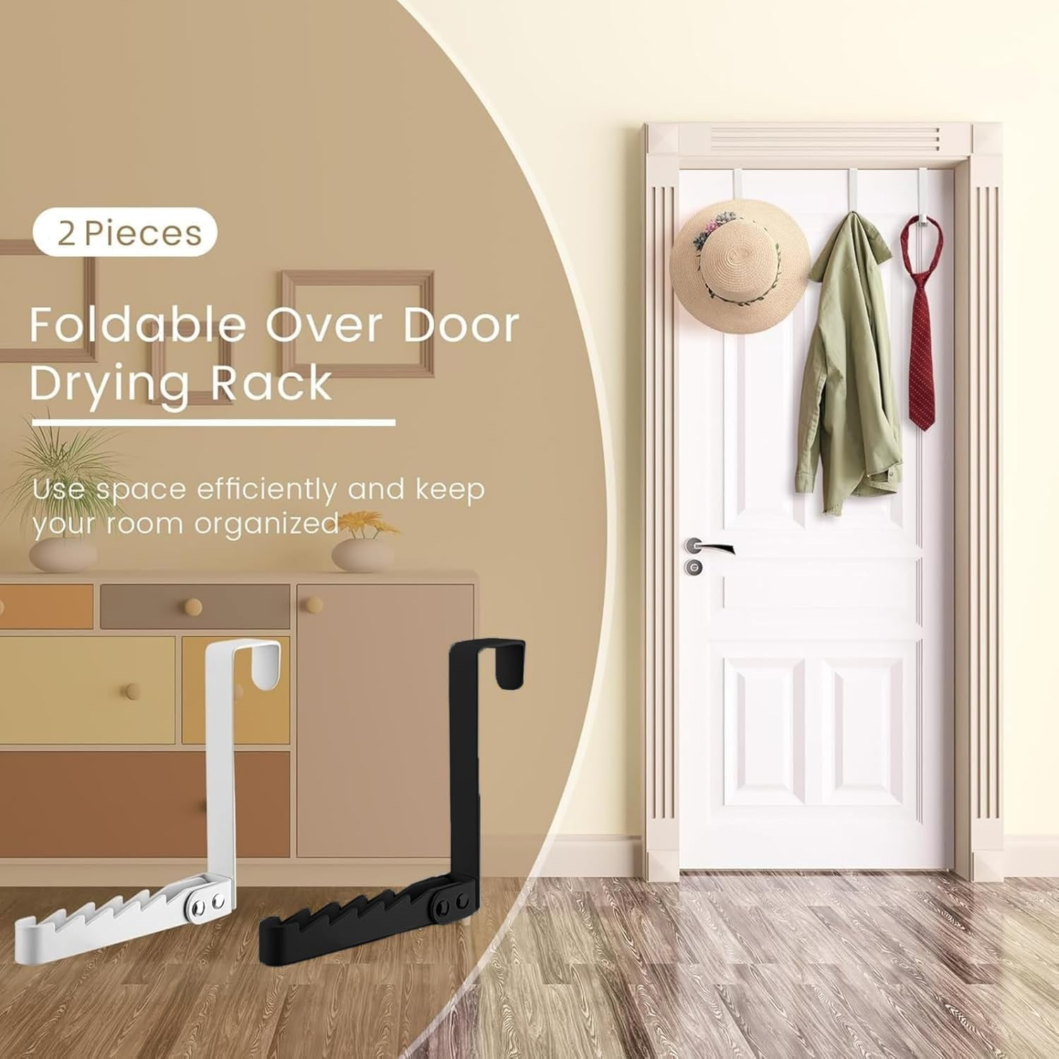 2PCS over the Door Hook，Door Hooks Foldable over Door Hanger for Hanging Clothes，Door Hanger with 5 Groves, over Door Hook for Coats, Pants, Bags, Hats, Scarves (White, Black) ﻿ image number 3