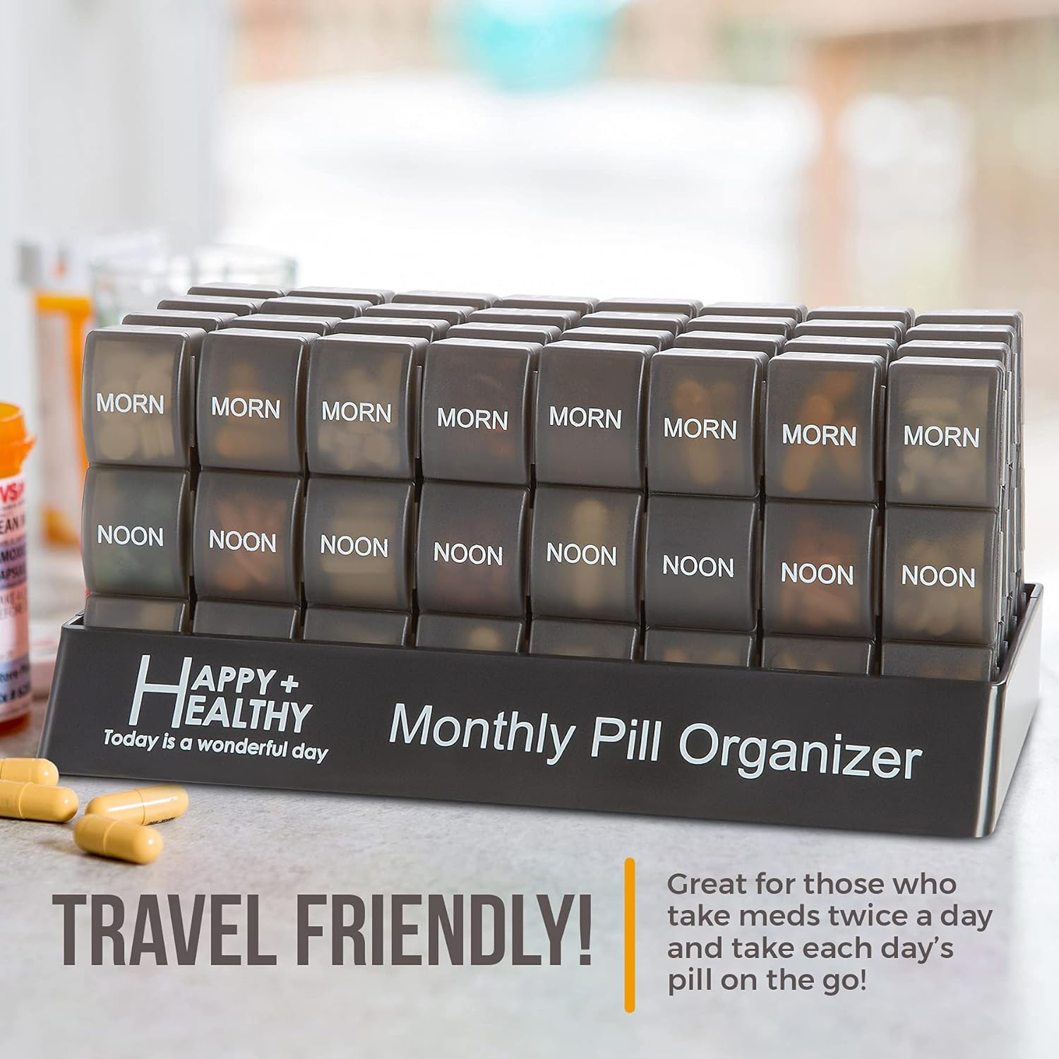 Month Pill Box Organizer - 32 Compartments | Morning-Noon-Night - 30 Day Pill Case with 32 Daily Compartments for Vitamins, Supplements, Medication - Travel Monthly Pill Organizer 3 Times-A-Day, Grey image number 2