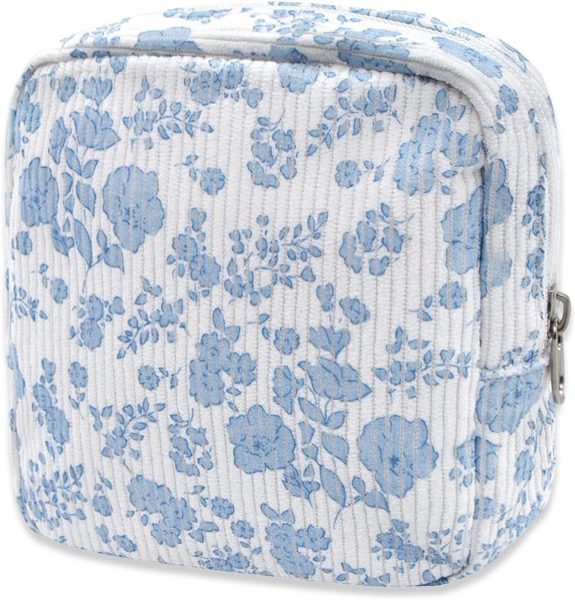 Long Keeper Small Cosmetic Bag Toiletry Bag with Compartments Mini Makeup Bag Strawberry Printing Corduroy Travel Toiletry Pouch for Women Girls Gift, Blue Flower, Small Make up Bag image number 3