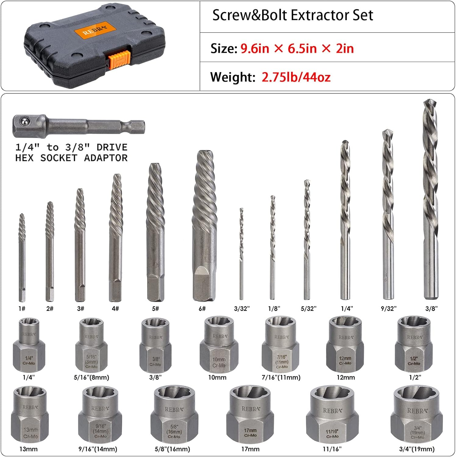 REBRA Screw&Bolt Extractor Set and Left-Hand Drill Bit Set, with Hex Adapter, Easy Out Stripped Screw Remover Socket Set Tool for Stripped, Damaged, Rounded-Off, Rusted Bolts, Nuts&Screws 26-Pieces image number 1