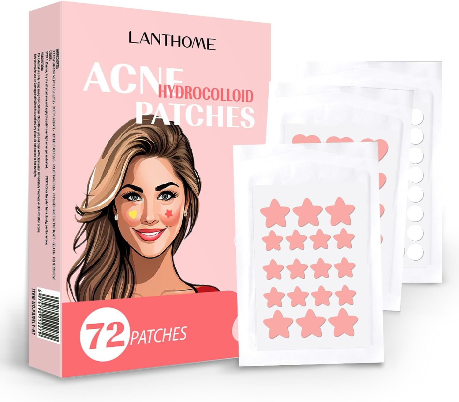 Acne Patches, 72 Pack with Multiple Sizes, Star and Heart Shapes, 6-8 Hour Treatment