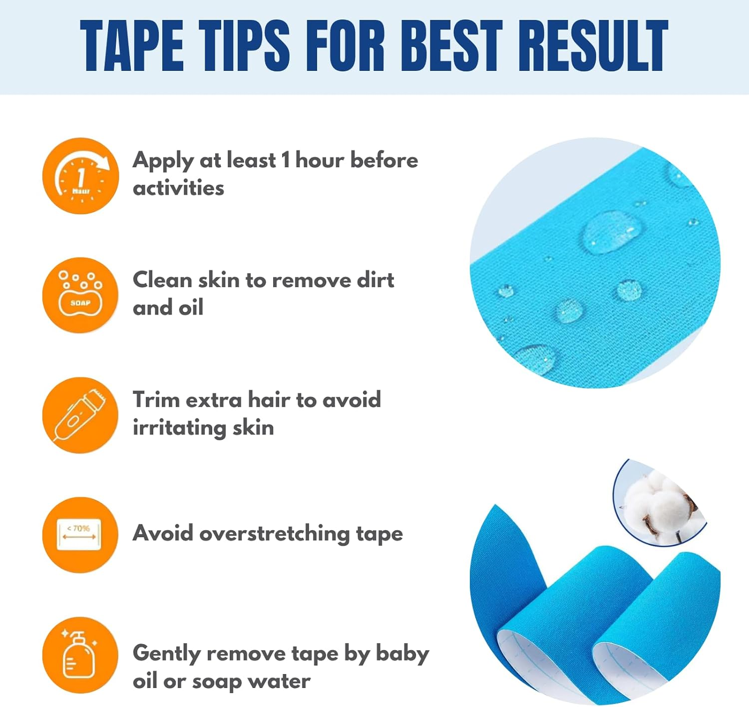 Kinesiology Tape 40 PCS Pre-Cut, JOMWEN Cotton Elastic Athletic Sports Tape Latex Free, Hypoallergenic Waterproof K Tape for Muscle Pain Relief, Joint Support, Physical Therapy (Mix-4 Color) image number 3