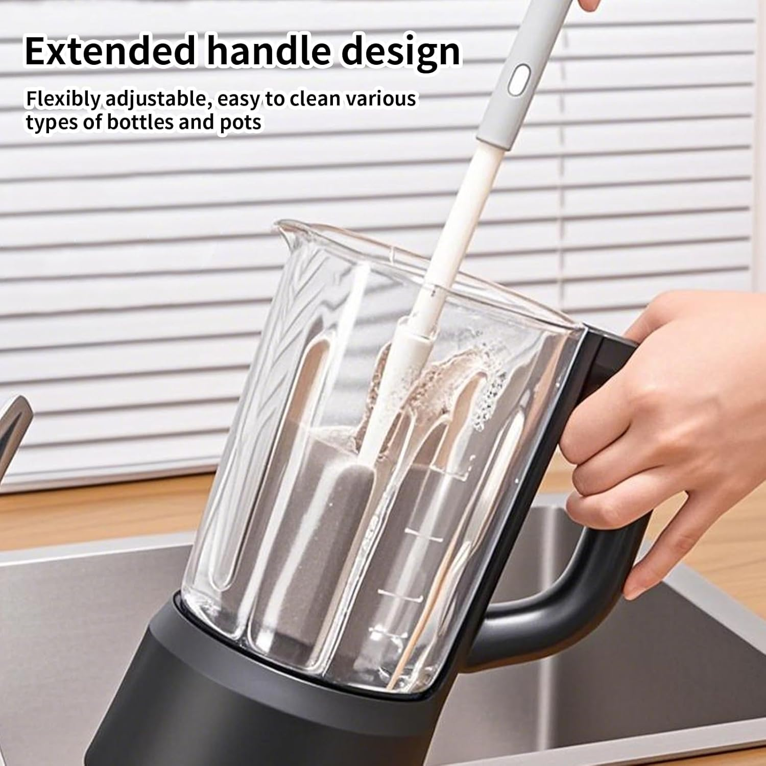 Sponge Bottle Brush Adjustable Long Handle up to 14.5&rdquo;High-Density Foam Bottle Brush & Scrubber Head Hanging Design with 4 Traceless Hooks and &ndash; Bottle Cleaner for Glasses & More (2 Pack) image number 4