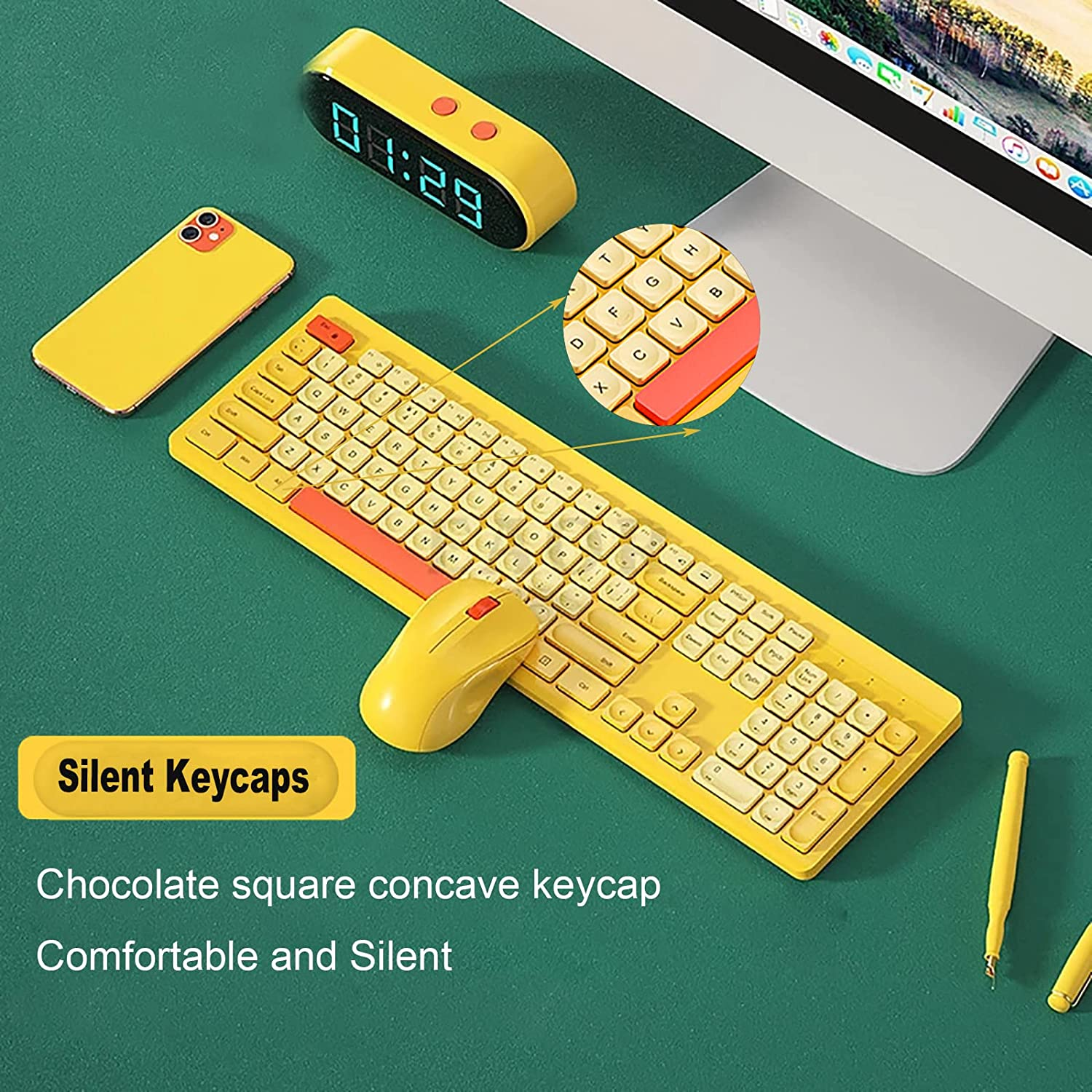 Wireless Keyboard Mouse Set,104 Square Keys Full-Size Office Keyboard with Number Keypad and 3-Level DPI Mice Combo for Computer Laptop PC Gamer (Yellow Mix) image number 1
