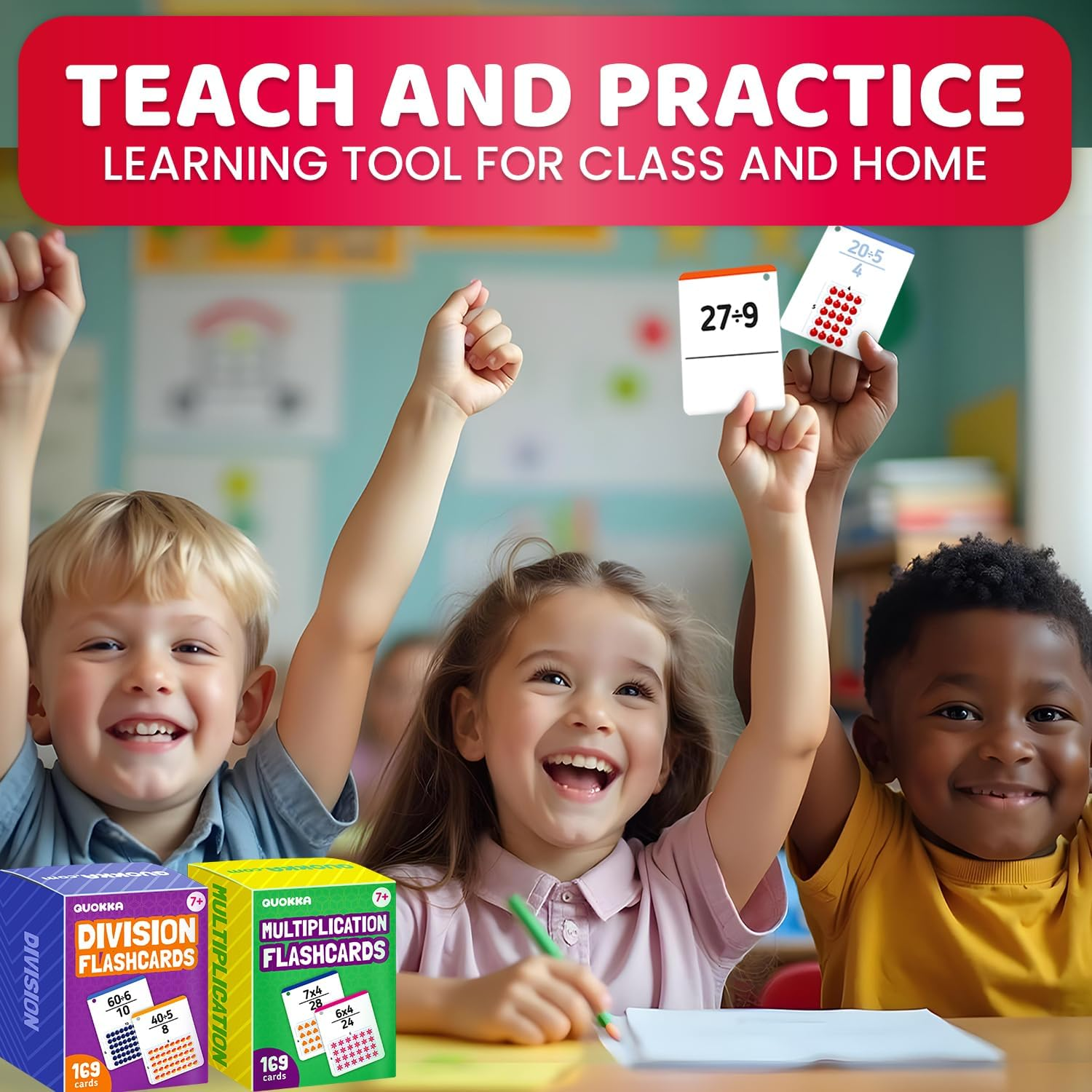 QUOKKA Multiplication and Division Flash Cards for Kids Ages 4-8 &ndash; 338 Math Flashcards for Kids 5-7 - Visual Aids | Sorting Rings | Reference Cards &ndash; Math Games 1St to 3Rd Grade for Classroom & Home image number 1