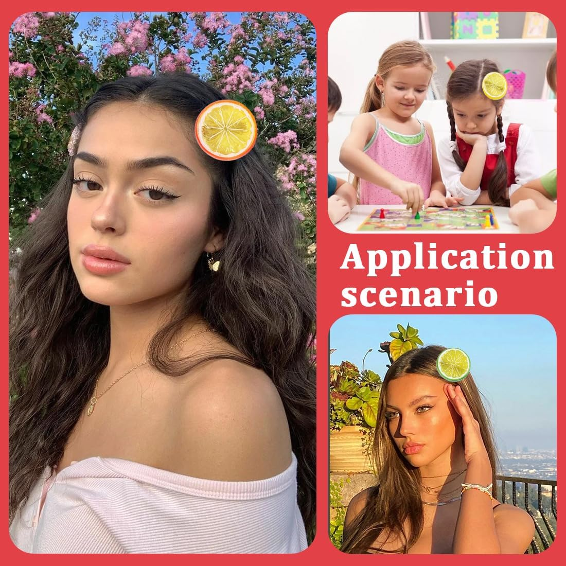 HQRKOTM 3 Pieces Hair Clips + 3 Discs Elastic Hair Scrunchie Girls Women Cute Fruit Hair Accessories for Party, Banana Clip, Hawaiian Decoration (Yellow + Orange + Green) image number 2