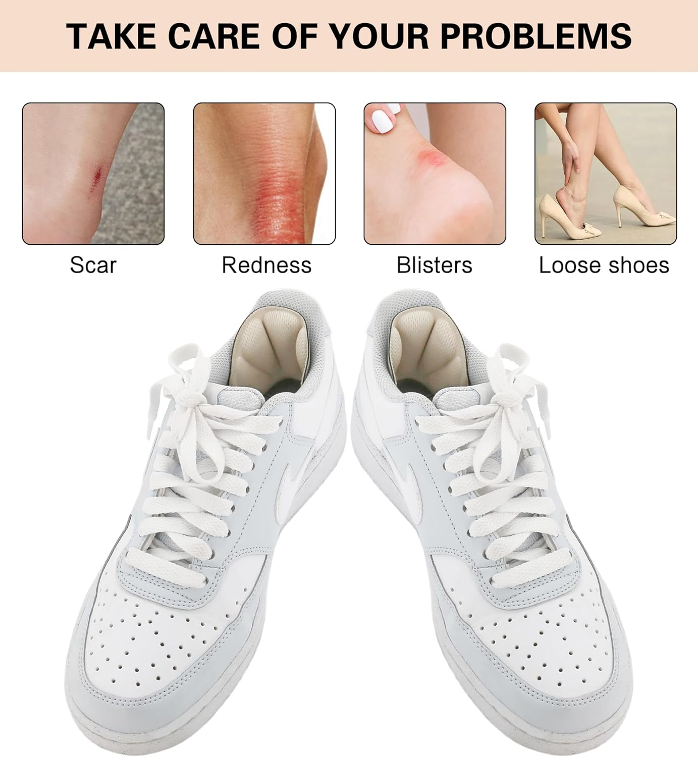 YBVABE Heel Pads, Heel Grips for Shoes, Heel Cushion Inserts, 8 Pcs Mesh Self-Adhesive Heel Liners for Back of Heel, Anti-Slip Shoe Pads for Loose Shoes, Sneakers, Leather Shoes, Women & Men - Beige image number 4