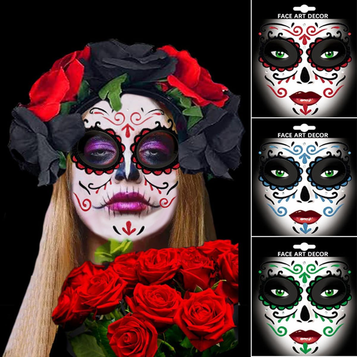 Day of the Dead Face Gems Jewels Self Adhesive Face Glitter Sugar Skull Costume Makeup Festival Rhinestone Stickers Temporary Tattoos Jewelry for Women/Men/Adults