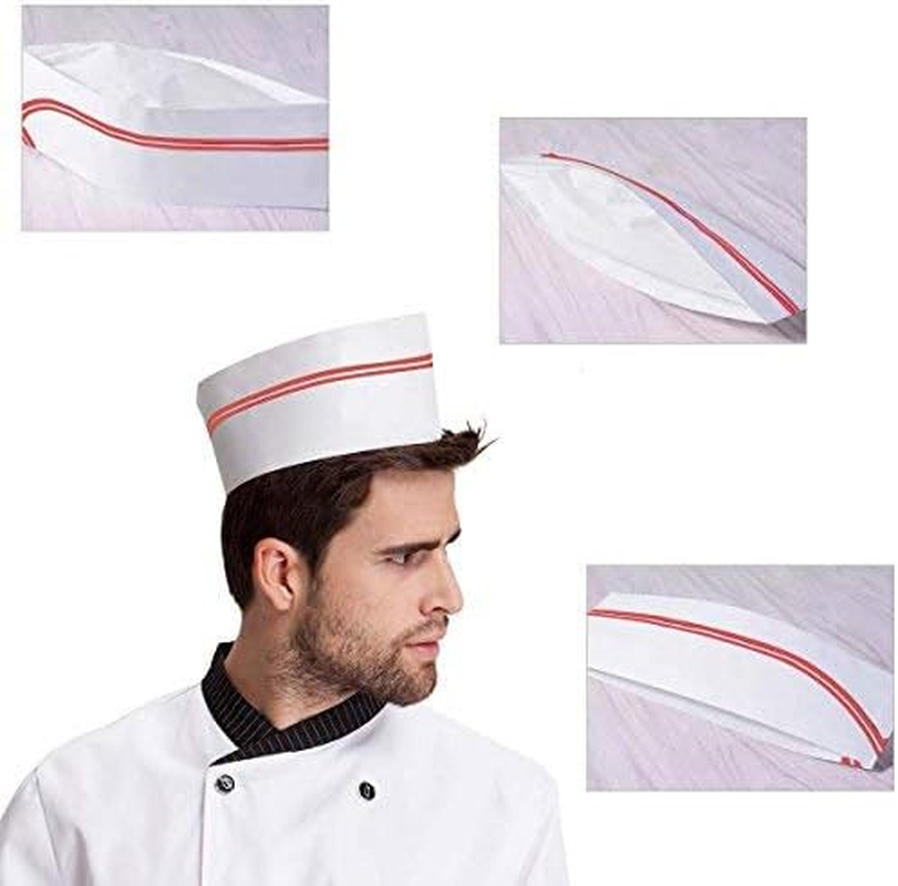 40 PCS Disposable Soda Jerk Paper Cap Chef Hat Retro Diner Food for Theme Restaurant Party with Red or Brown Strip (Red) image number 2