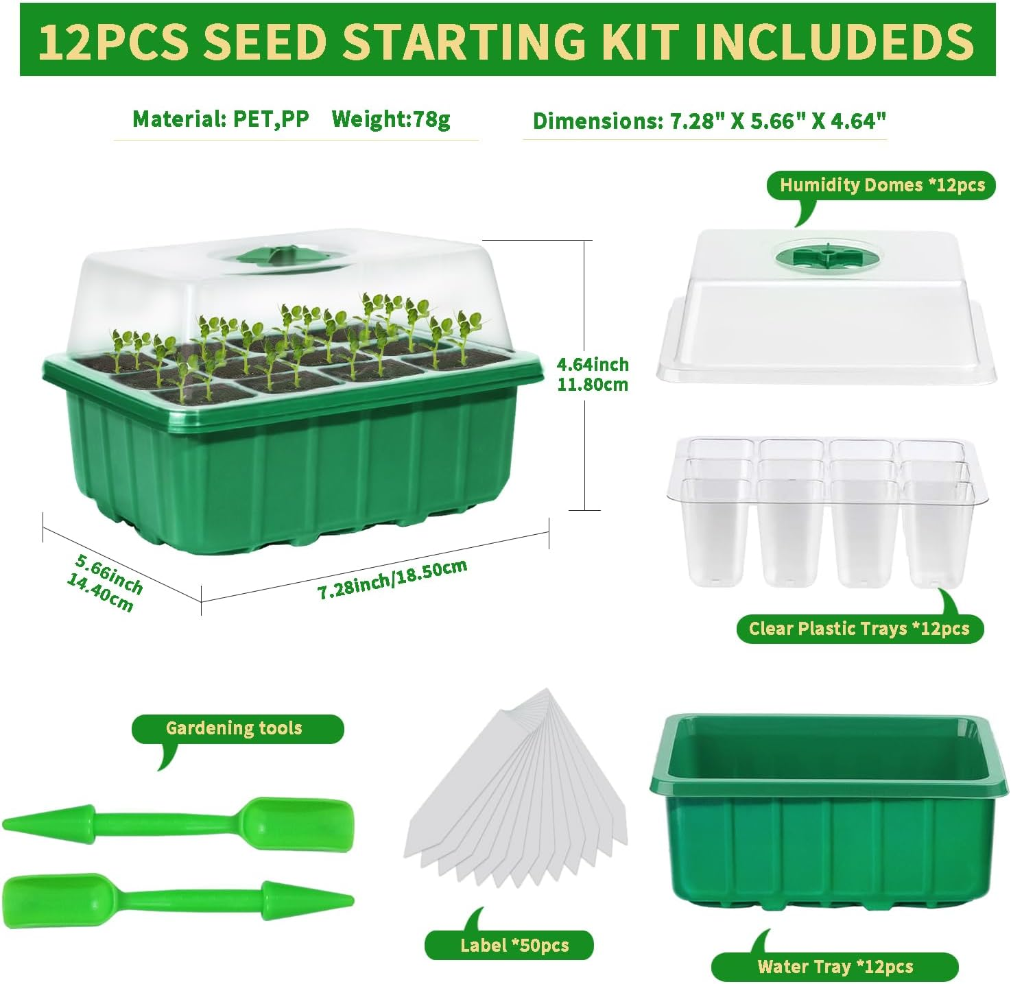 144-Cell Seed Starter Tray, 12-Pack Reusable Trays with Humidity-Vented Domes and Base for Organic Seed Germination. Ideal Plant Starter Kit Includes Labels and Transplant Tools for Starting Seeds image number 5
