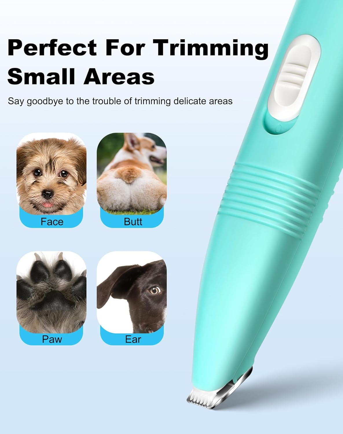 Dog Grooming Clippers, Dog Paw Trimmer with Detachable Ceramic Blade for Trimming Small Areas of Pet'S Hair, Low Noise Paw Grooming Shaver for Cat'S Eyes Face Ears Paws (Blue) - White image number 3