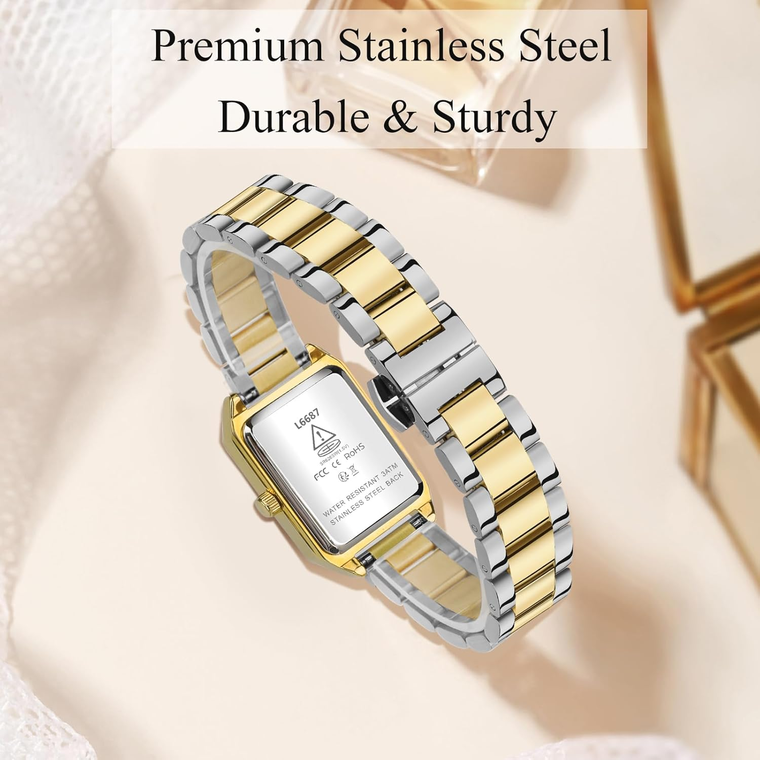 Gold Watches for Women, Dainty Womens Watch, Luxury Ladies Wrist Watches with Stainless Steel & Japanese Quartz Movement, Daily Waterproof Watches, a Great Women - 03-Goldblack image number 7