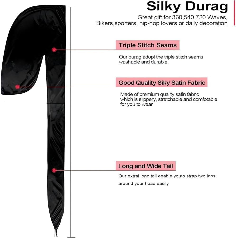 Quxyxso Silky Durag Caps Headwraps with Long Tail，4 Pack Unisex Satin Durags Wide Straps Headwraps for Men Women Pirate Caps Head Wrap Beanie Hats Waves Silky Durag Cap Black image number 2