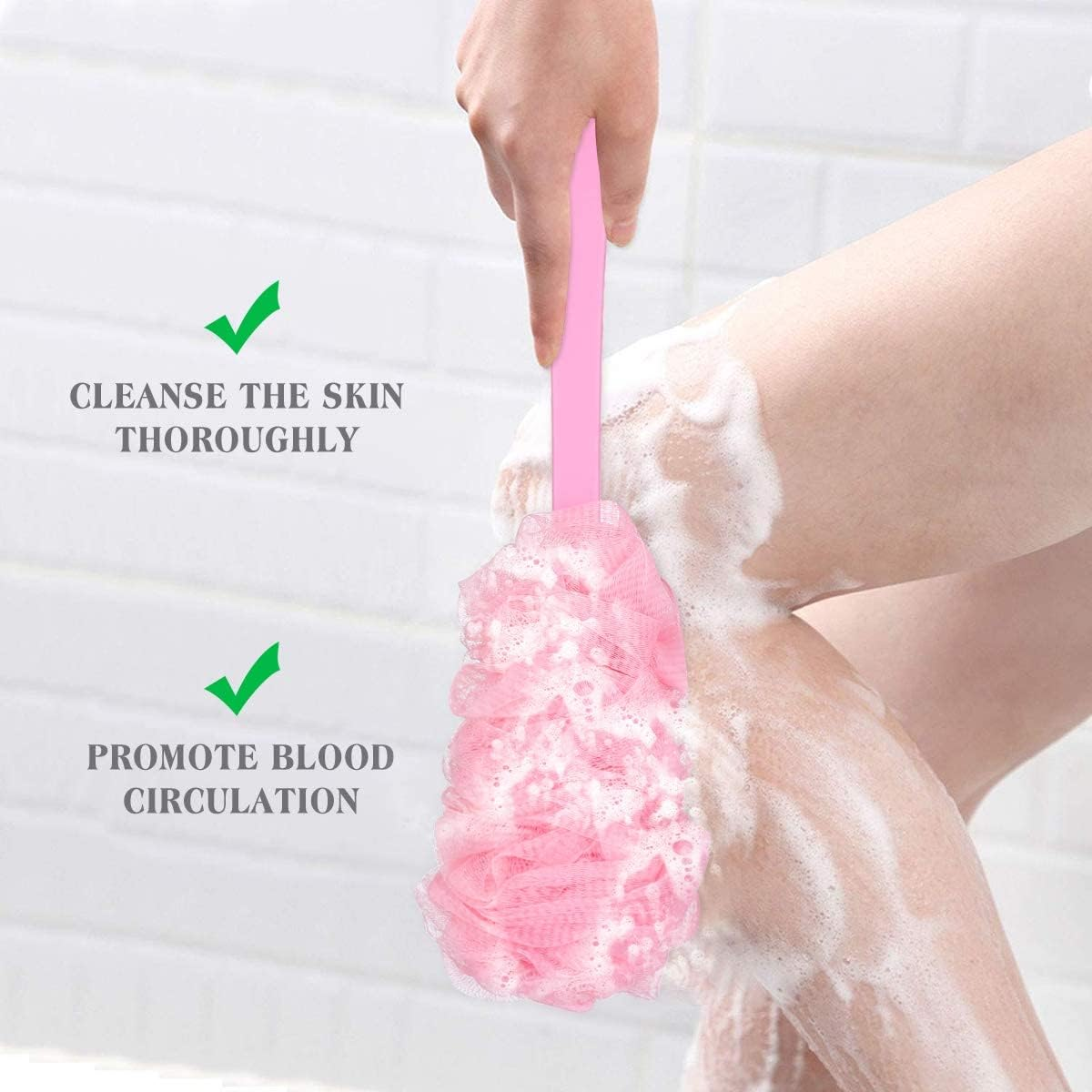 3 Pcs Shower Ball Mesh Pouf, Back Scrubber Loofah with Long Handle Bath Brush Soft Body Sponge for Adults Teens Kids