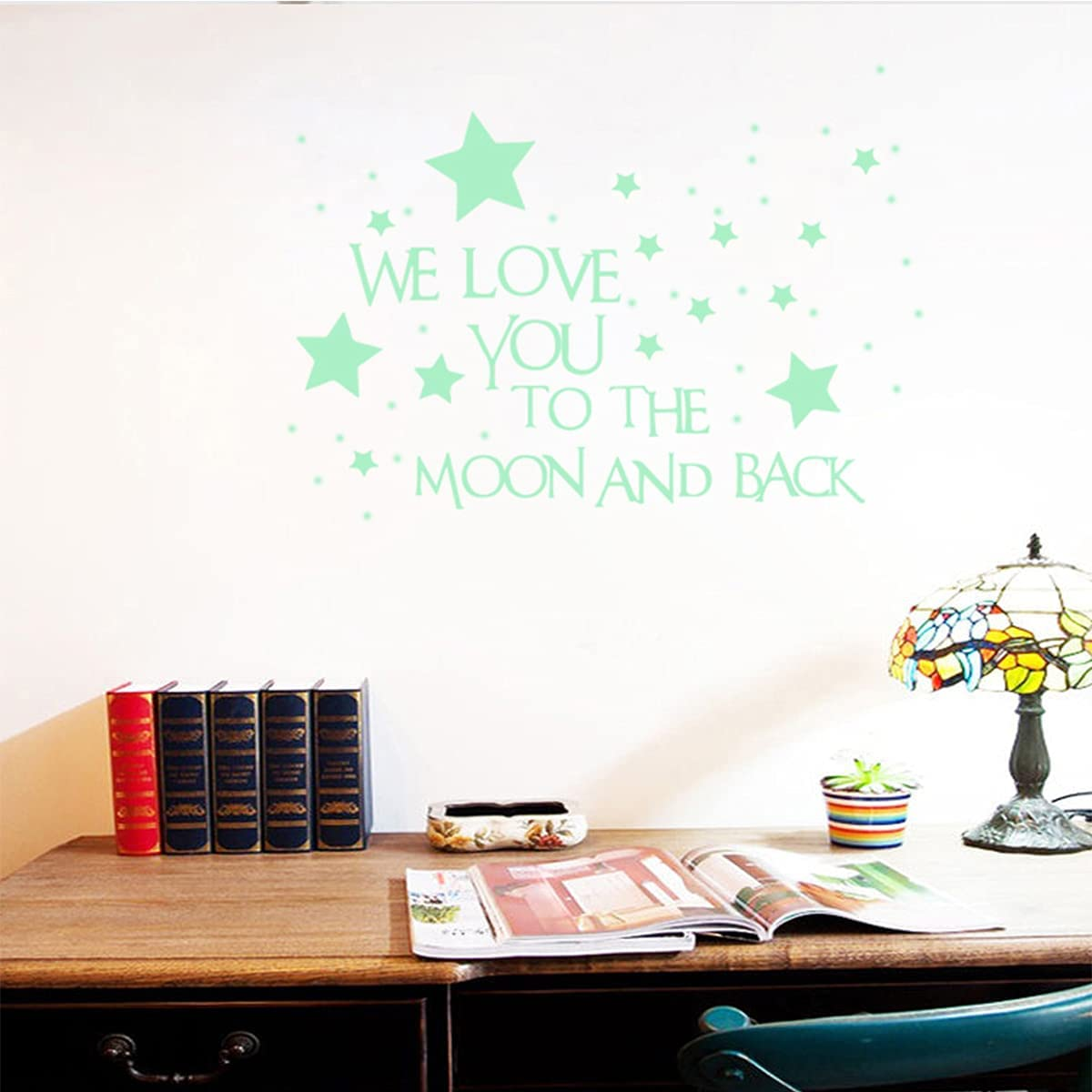 Nursery Wall Decals Glowing Words Stickers - WE Love You to the Moon and Back - Words Glow in the Dark with Stars around Wallpaper for Kids Bedroom Ceiling image number 5