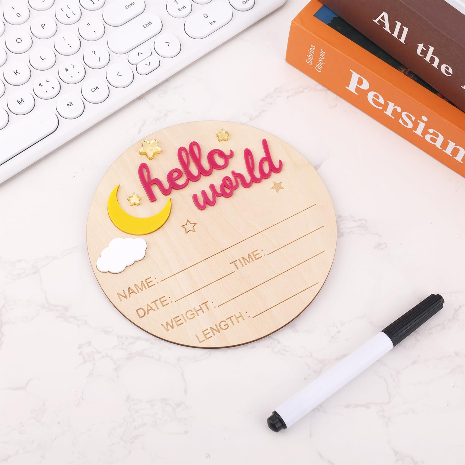 Wooden Hello World Newborn Sign, Cute Birth Announcement Board Baby Announcement Sign Newborn Welcome Sign Baby Name Plaque for Nursery Hospital Girl Boy Baby Shower Photo Props(Rose Red) image number 3