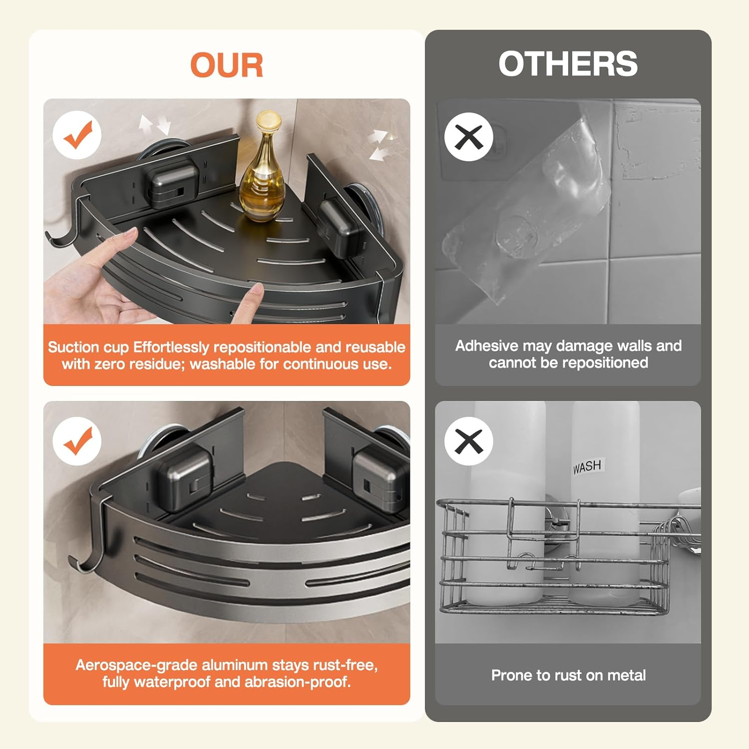 Lekesky Shower Shelf No Drilling Corner with Towel Rail - Strong Suction Cups, Removable, Aluminium & Rustproof - Bathroom Shelf Shower Shelf for Bathroom, Kitchen & Rental Apartment (Set of 2 image number 4