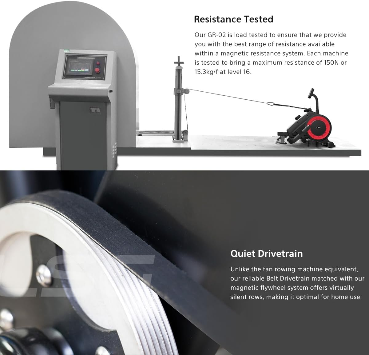 LSG GR-02 Rowing Machine with 16 Levels of Magnetic Resistance, LCD Display with Workout Data, Heavy-Duty Cast Iron Flywheel, Quiet Belt Drivetrain, Transport Wheels, Padded Handle, Commercial Rollers image number 1