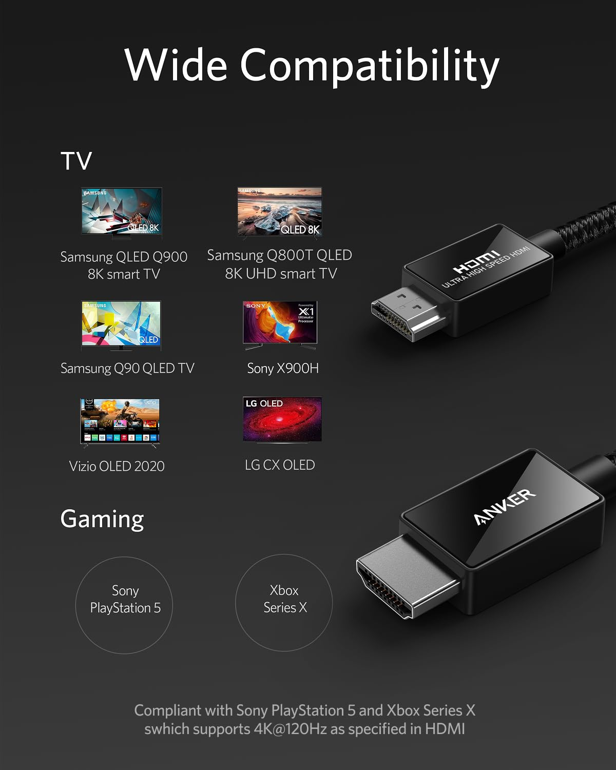 Anker 8K@60Hz HDMI Cables, Ultra High Speed 4K@120Hz 48Gbps 6.6 Ft Ultra HD HDMI to HDMI Cord, Support Dynamic HDR, Earc, Dolby Atmos, Compatible with Playstation 5, Xbox Series X, Samsung Tvs image number 4