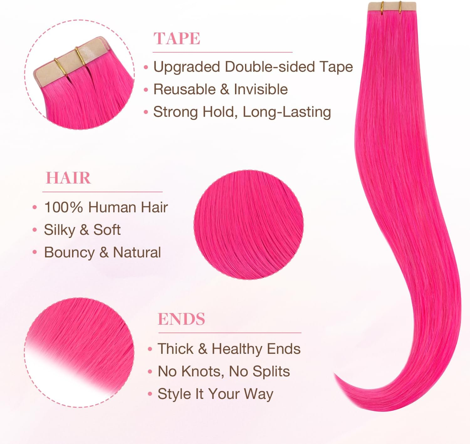 GOO GOO Tape in Hair Extensions, Colored Human Hair Extensions Tape In, 16Inch 25G 10Pcs, Hot Pink, Skin & Hair Friendly, Seamless Straight Real Remy Hair image number 3