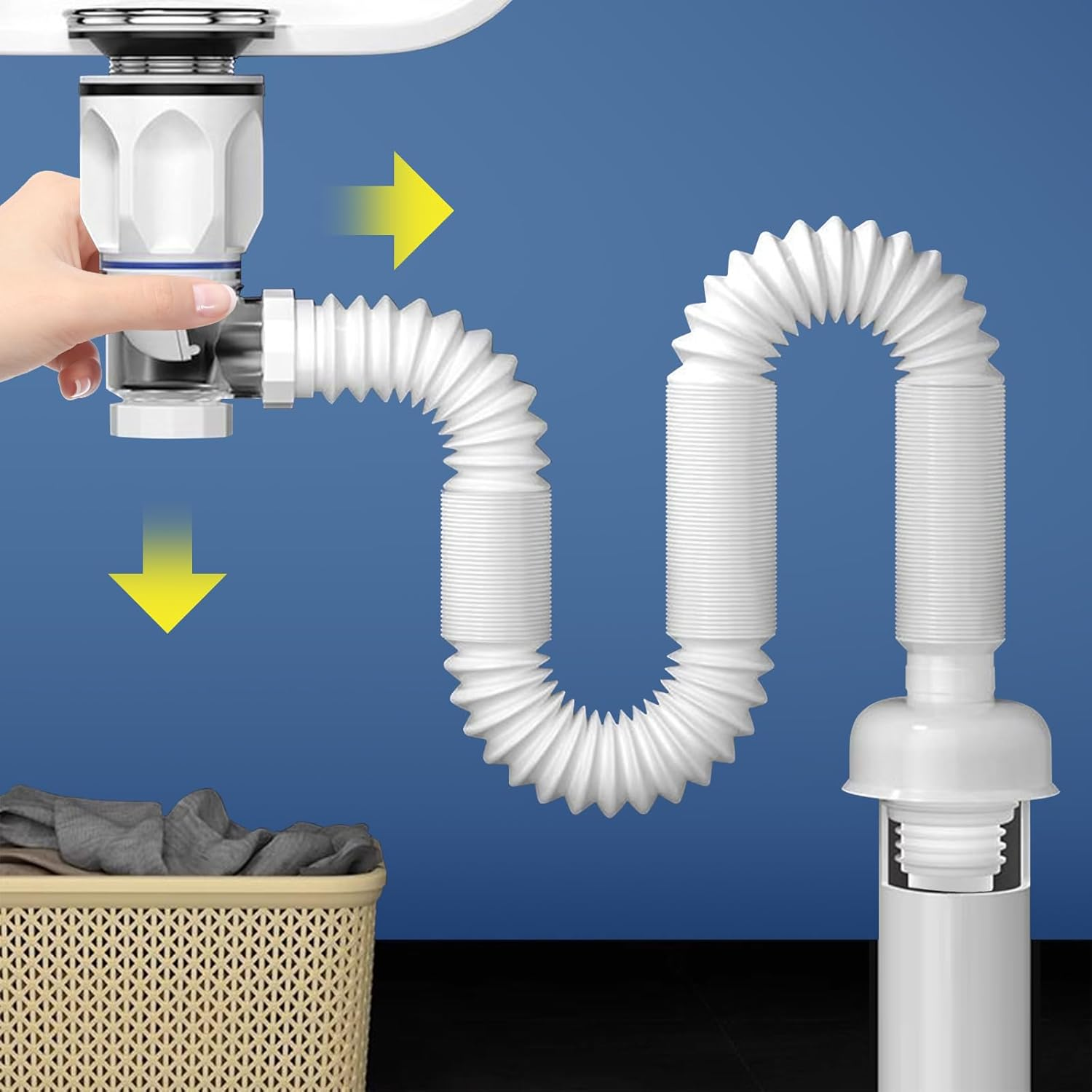 Qruilantu Bathroom Sink Drain Kit, Anti-Odor Flexible Expandable P-Trap Sink Drain Pipe, 1-1/4" to 1-1/2" Drain Hole, Stainless Steel, Grey