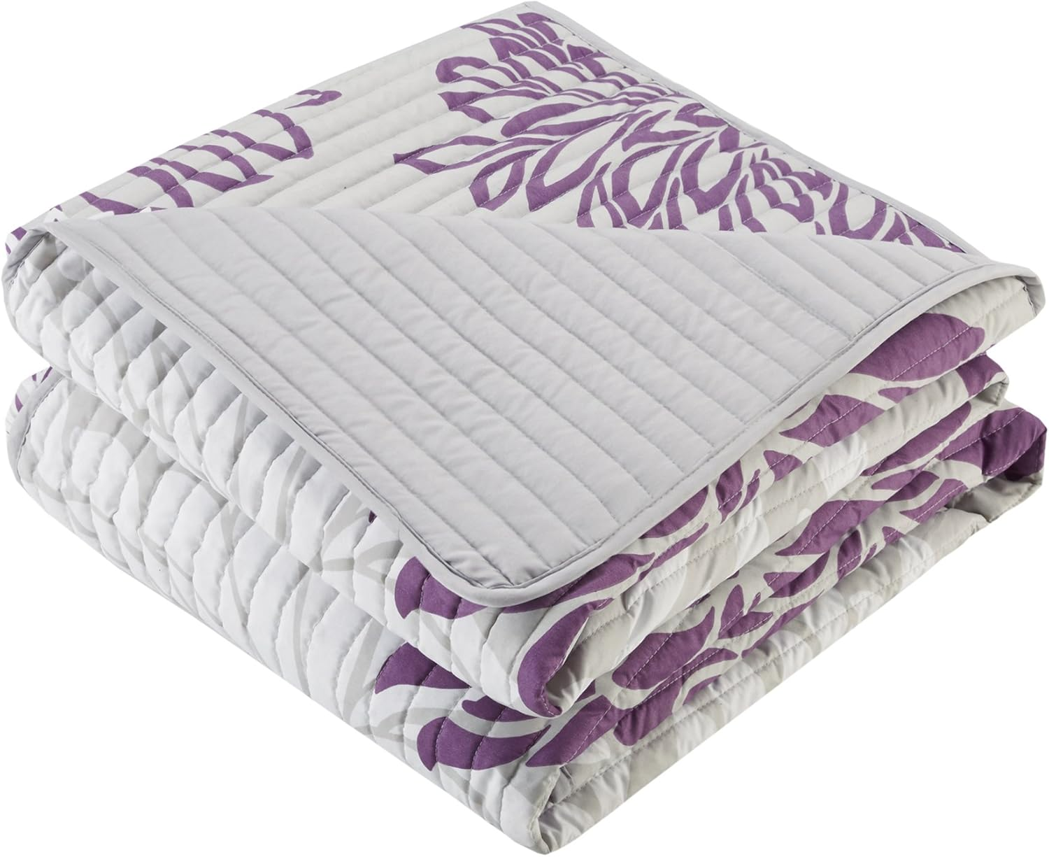 Comfort Spaces CS14-0066 Enya 3 Piece Quilt Coverlet Bedspread Ultra Soft Floral Printed Pattern Bedding Set, King, Purple-Grey image number 4