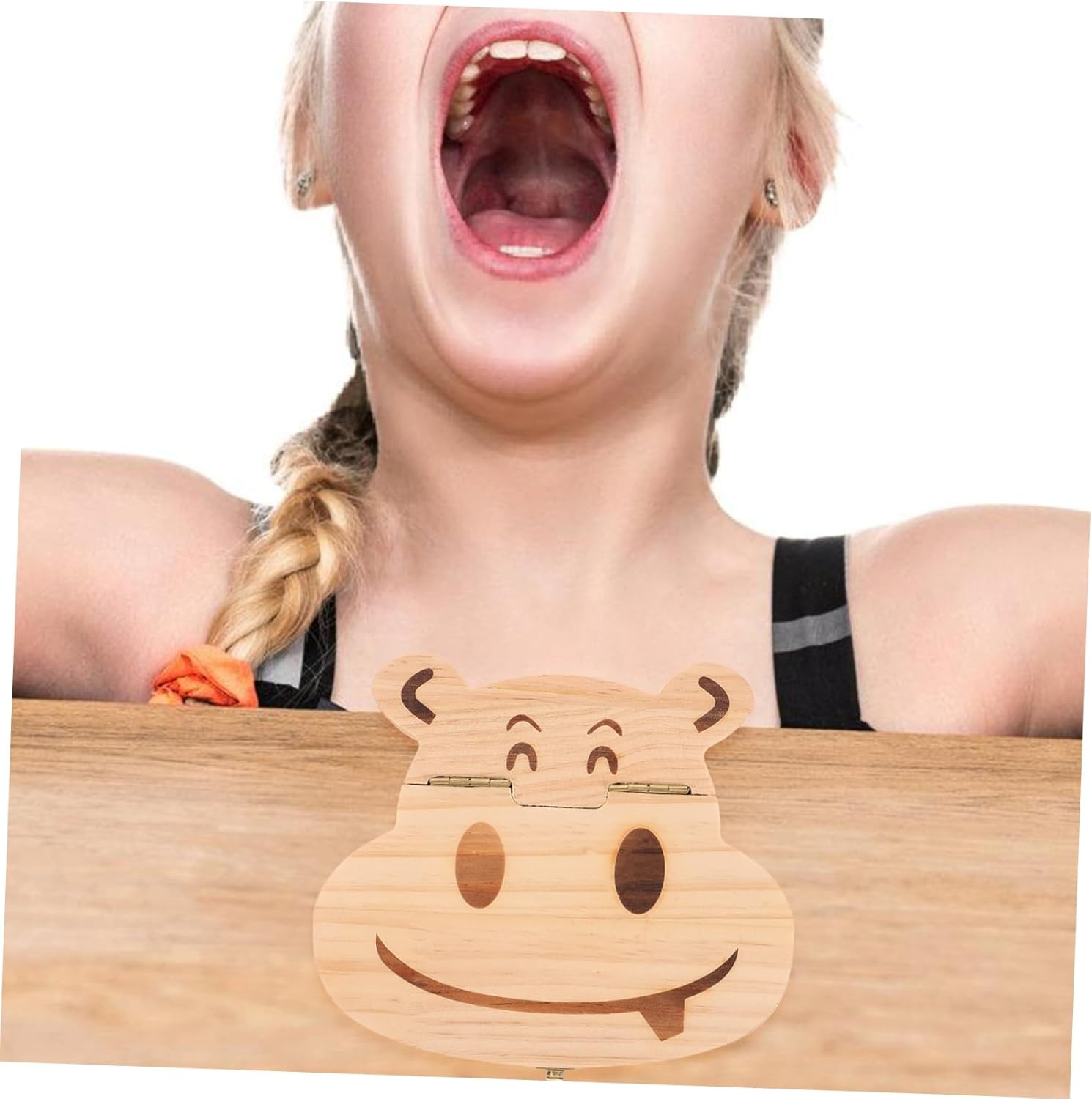Vaguelly Baby Teeth Keepsake Box Wooden Organizer Small Cartoon Hippo Design Boys and Girls Tooth Holder Souvenir Storage Container for Newborns and Children image number 3