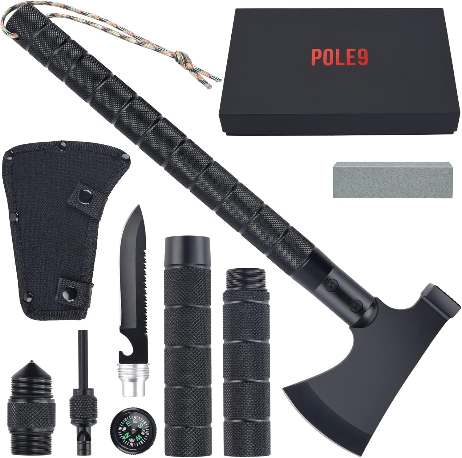 POLE9 Survival Axe 11-In-1 Multitool Axe - Outdoor Axe with 11 Functions of Camping Axe, Flint, Knife, Whetstone, Saw, Hammer and Many More - Optimal Survival Tool image number 2