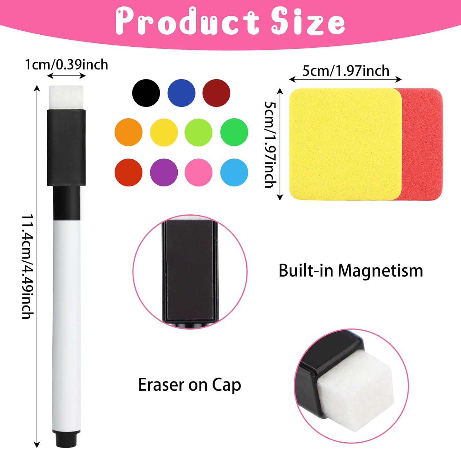 YRYUNRUI 36 PCS Magnetic Dry Erase Markers with Erasers Cap & 3 Dry Erase Eraser, 11 Colors Whiteboard Markers Fine Point Tip, Mini Dry Erase Pens Bulk for Kids School Office Home image number 3