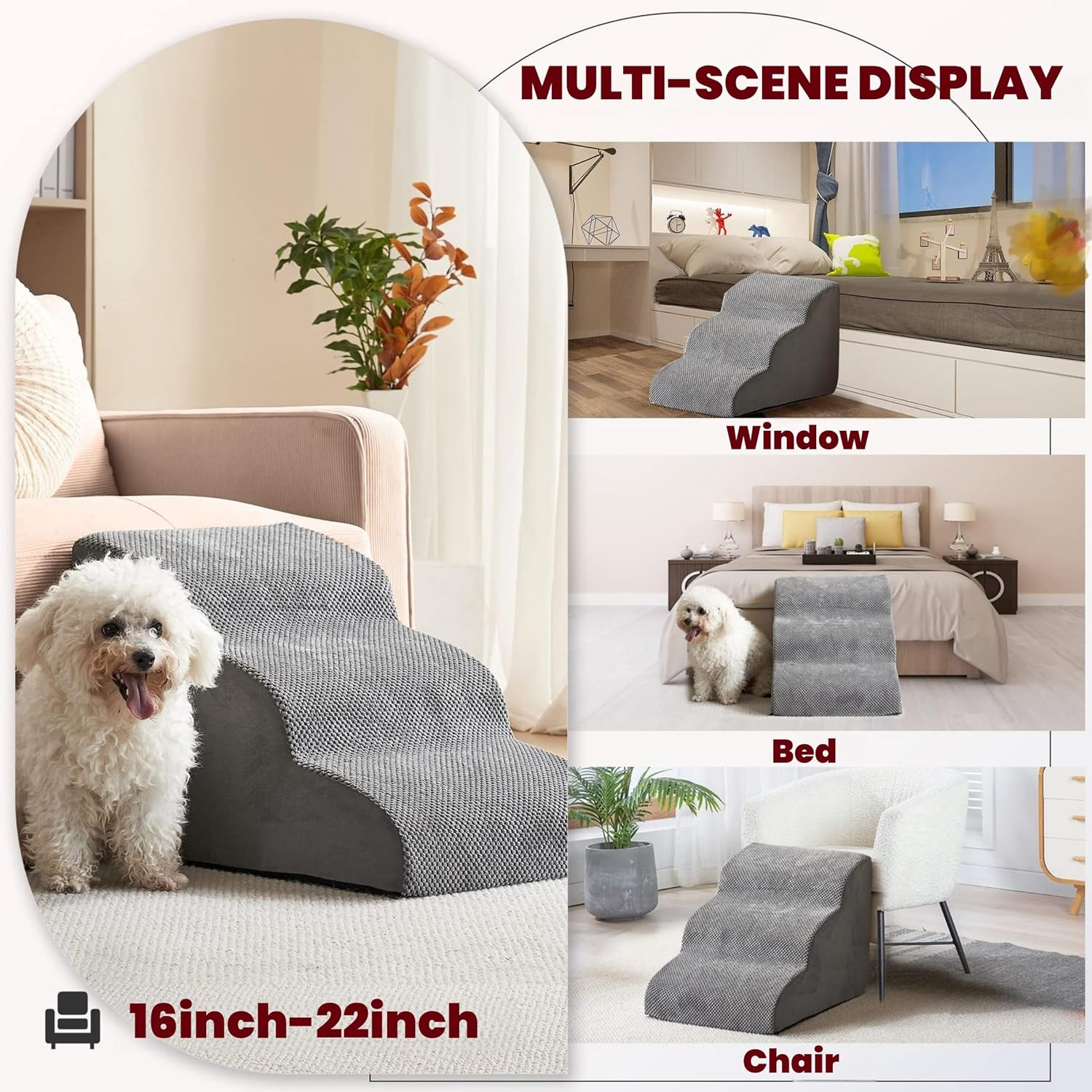 CHIEFAWAY Dog Stairs Ramp, 3-Tiers Dog Steps Suitable for Beds and Couches, Non-Slip Pet Steps with Waterproof Fabric Cover, Removable Indoor Dog Slope Stairs for Small Dogs and Cats image number 5