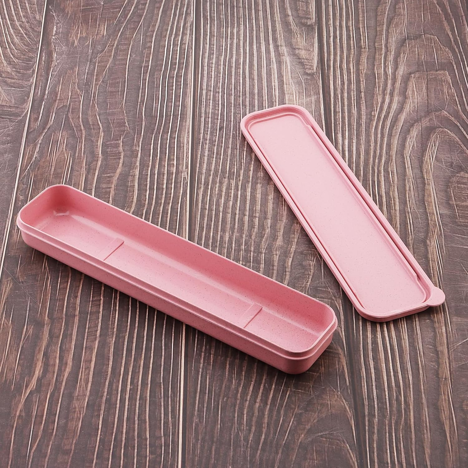 Origlam 1Pcs Reusable Utensils Wheat Straw Travel Cutlery Box, Portable Tableware Flatware Box for Picnic Camping (Pink) - Beige image number 2