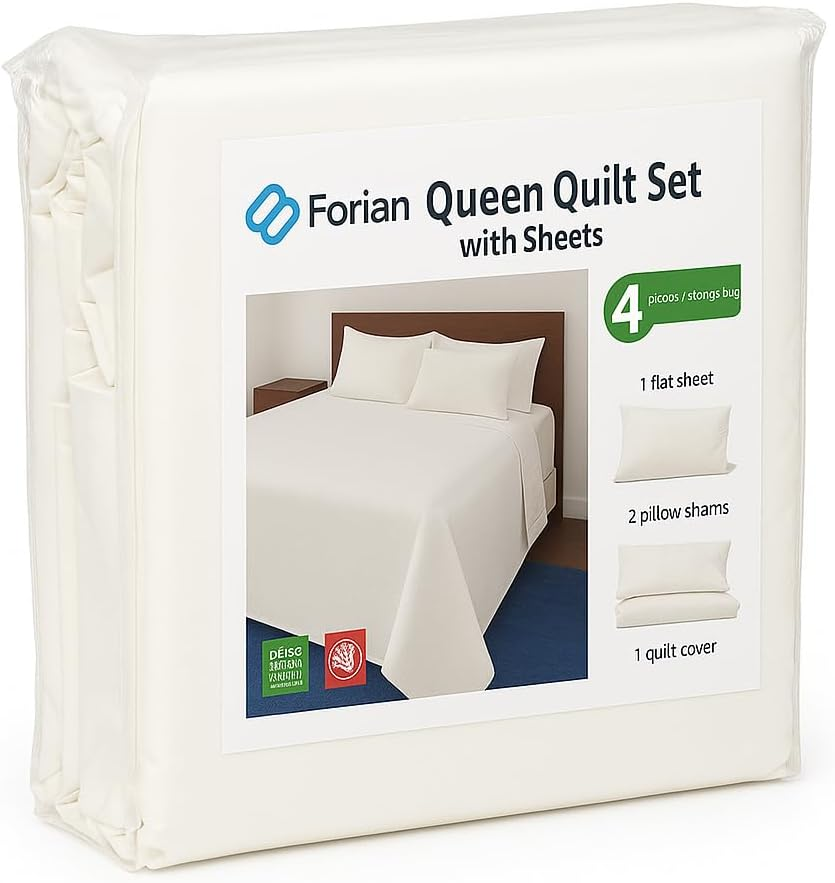 Forian - 100% Cotton - Anti-Bacterial - Duvet Cover Set - 4 Pcs, 1 Duvet Cover, 2 Pillowcases and 1 Flat Sheet - Hotel Luxury, White Style,Single/Double/Queen/King Size (Queen (U.S. Standard)) image number 3