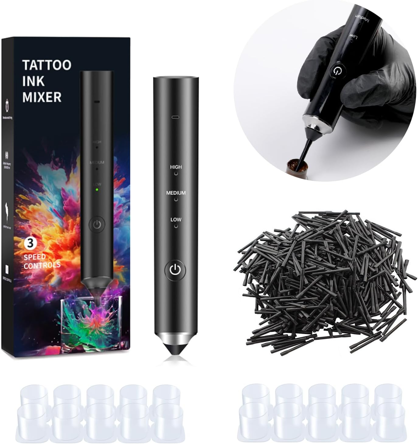 Tattoo Ink Mixer Gun Machine, Mixers Game Changer, 3 Adjustable Speeds Wireless Mixer, without Continuous Pressing, New Rotary Tattoo Pigment Mix-Er Set with 100Pcs Mixing Sticks image number 1