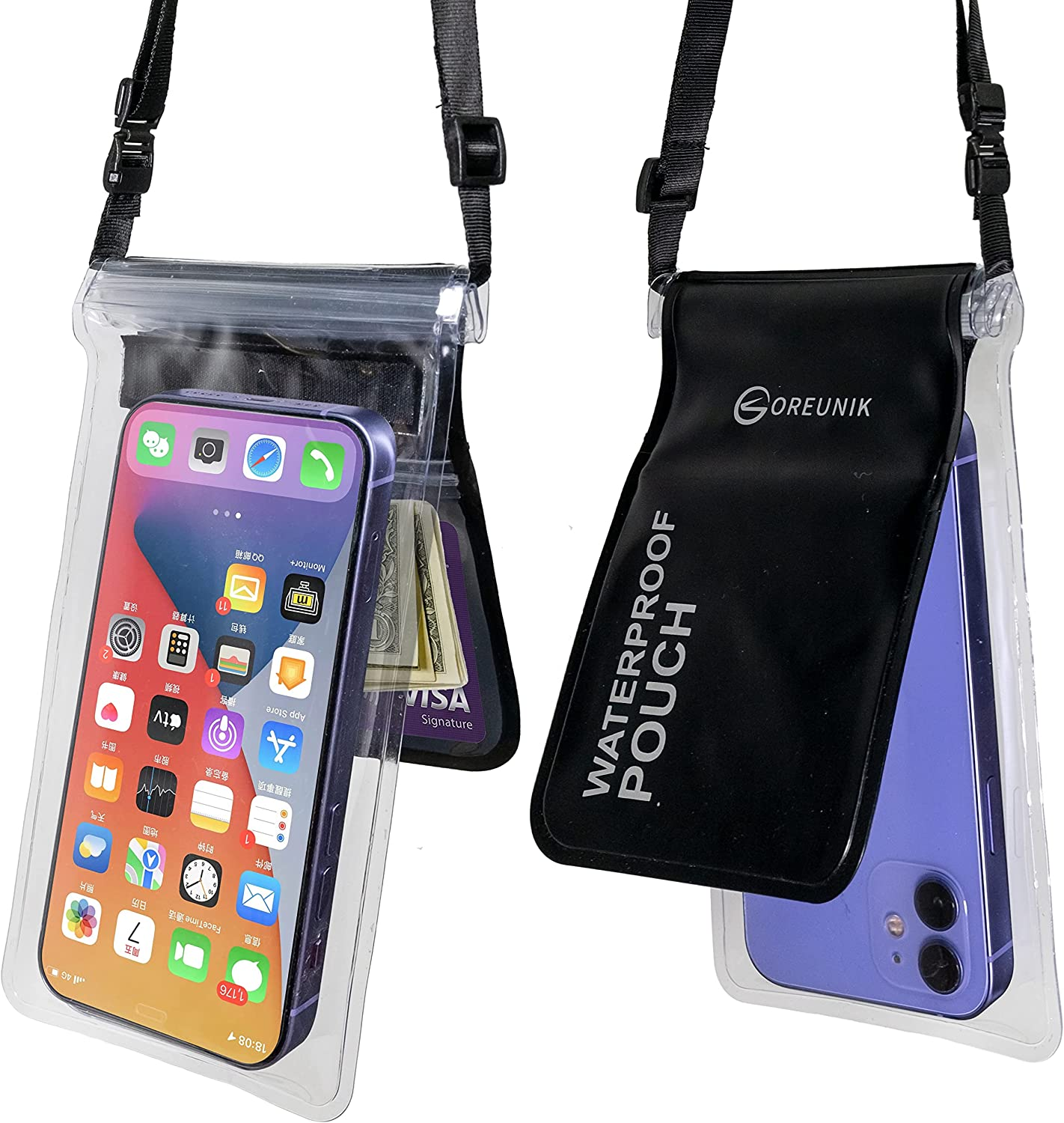 Oreunik Waterproof Phone Pouch [2-Pack], Waterproof Case Dry Bag for Iphone 14/13/12 Pro MAX Samsung Galaxy S22/S20 Ultra S11/S10 up to 8 Inches, Screen Touch Sensitivity, 2 Layer Design Pocket, Black image number 6