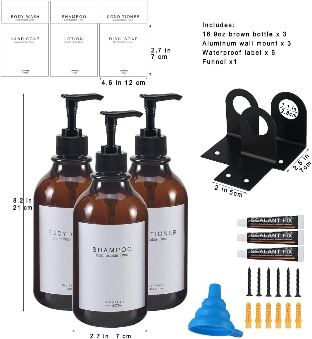 GOYISEE Shampoo and Conditioner Dispenser for Shower Wall, 3 Chamber, Refillable Bottles with 3 Wall Mounts, Waterproof Labels and Pumps (3 Bottles 3 Wall Mount-Brown) image number 1