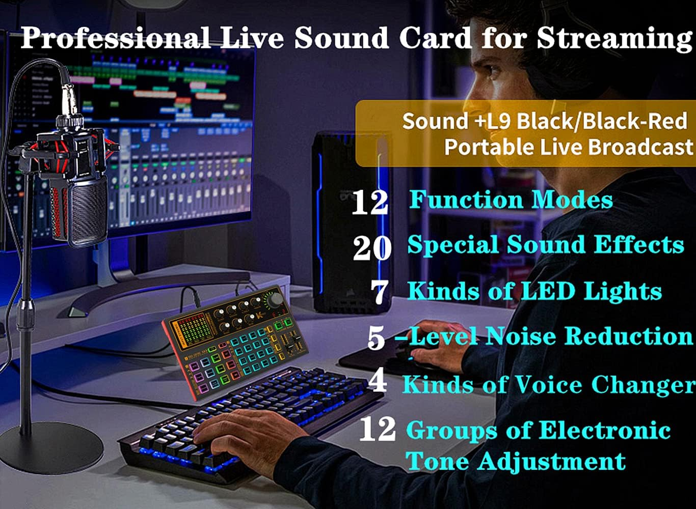 Professional Audio Mixer, K300 Live Sound Card and Audio Interface Sound Board with Multiple DJ Mixer Effects,Voice Changer and LED Light, Prefect for Streaming/Podcasting/Gaming/Recording/Youtube/Pc image number 6