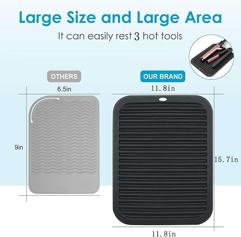 Oversize 15.7" X 11.8" Heat Resistant Mat, Portable Travel Silicone Heat Mat for Curling Irons, Flat Irons, Hair Straightener and Hot Hair Styling Tools, Hot Iron Holster, Vanity Pad with Ties Black image number 5