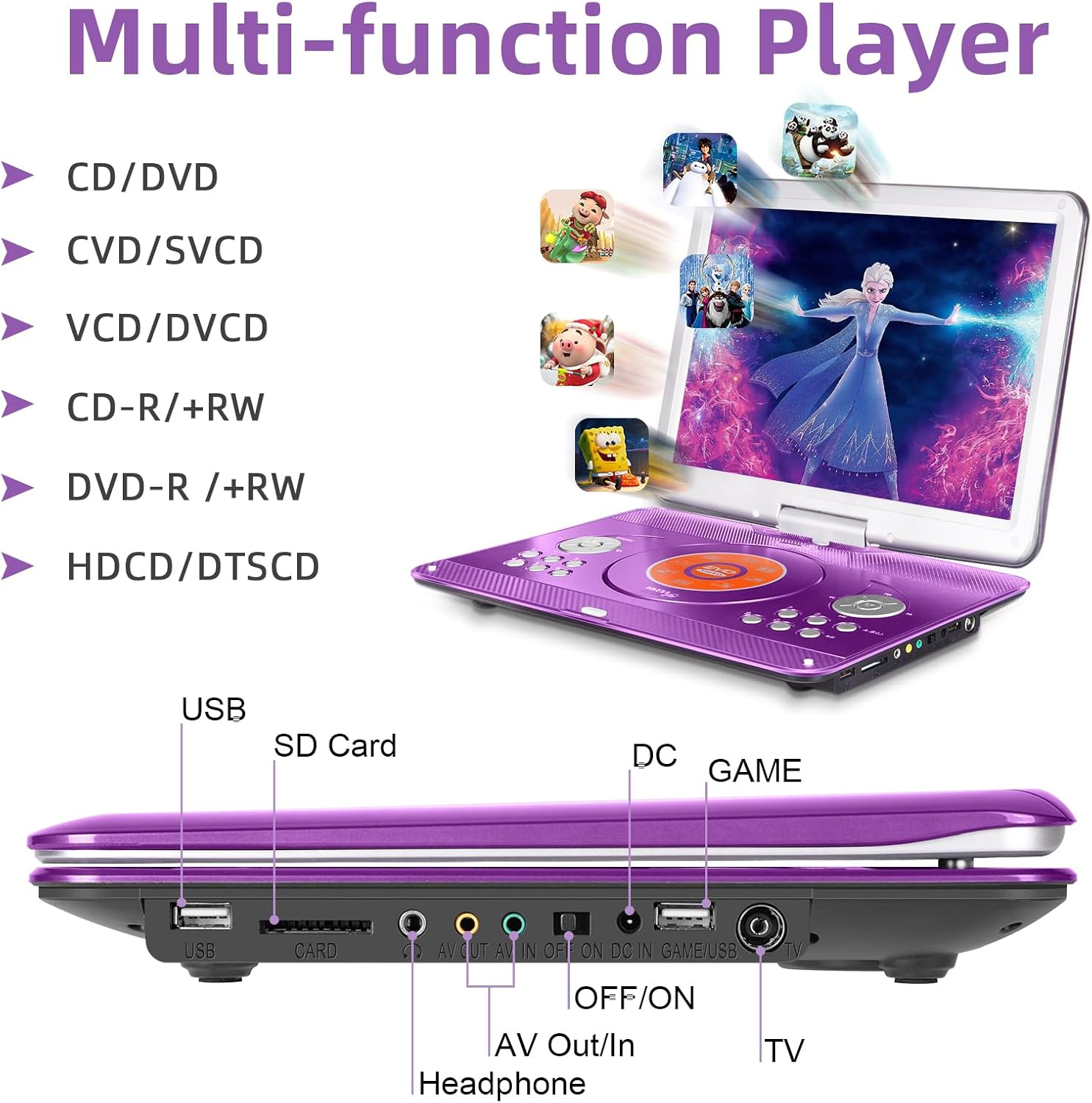 16.9'' Portable DVD Player with 14.1'' Large Swivel HD Screen, Kids DVD Players Portable with 6 Hrs 5000Mah Rechargeable Battery【Upgraded】, Sync TV, Support USB/SD Card, with Car Charge,Purple image number 4