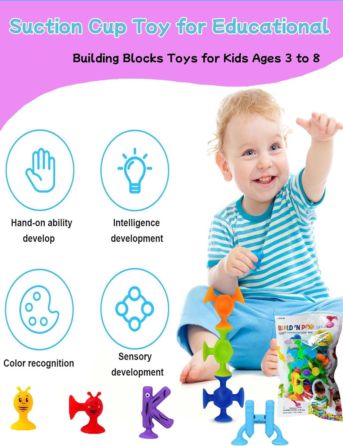 24PCS Suction Toys,Silicone Bath Suction Toys,Sensory Sucker Bath Toy,Montessori Suction Cup Toy for Educational,Travel Building Blocks Toys for Kids Toddlers Boys Girls Ages 3 to 8 image number 2